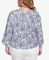 Hearts Of Palm Plus Size Making Waves Printed Tie Front Gauze Top