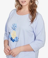 Hearts Of Palm Plus Making Waves Pineapple Printed 3/4 Sleeve Top