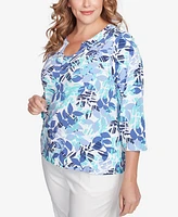 Hearts Of Palm Plus Size Printed Essentials 3/4 Sleeve Top