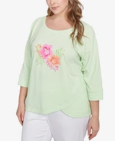 Hearts Of Palm Plus Hibiscus Print 3/4 Sleeve Top