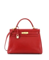 Pre-Owned HERMES Kelly 32 Handbag Red Box Calf with Gold Hardware