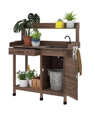 Outsunny Potting Bench Prep Table w/Faucet, Sink and Storage,