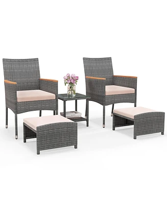 Gymax 5 Pieces Wicker Patio Furniture Set Pe Rattan Porch Chairs w/ Ottomans