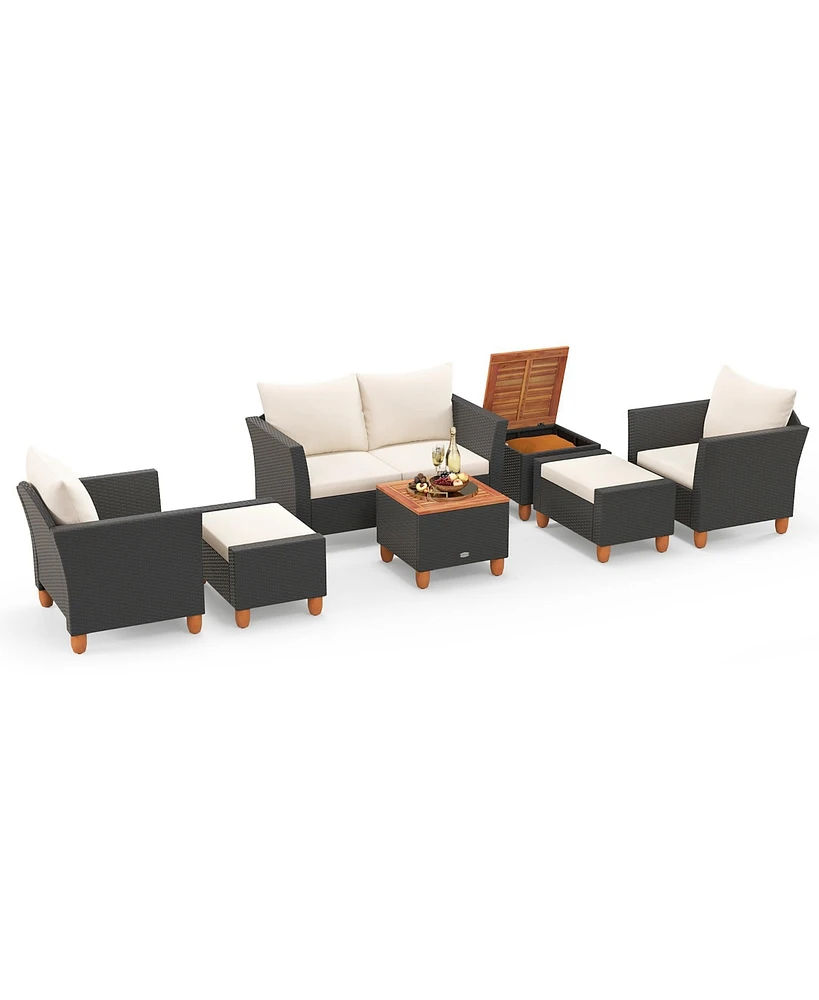 Gymax 7 Pcs Patio Furniture Set w/ Loveseat Armchairs Ottomans & Storage Table