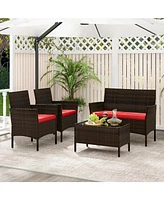 4 Piece Patio Rattan Conversation Set with Cozy Seat Cushions