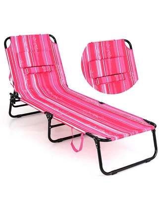 Beach Chaise Lounge Chair with Face Hole Pillows & 5-Position Adjustable Backrest