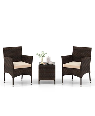 3 Pieces Outdoor Conversation Set with Cushioned Seat and Glass Tabletop