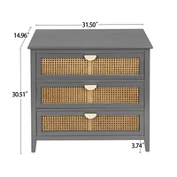 3 Drawer Storage Cabinet Rattan Dressers Chest of Drawers Entryway Cabinet Bedside Table Dresser for Bedroom Living Room, Grey