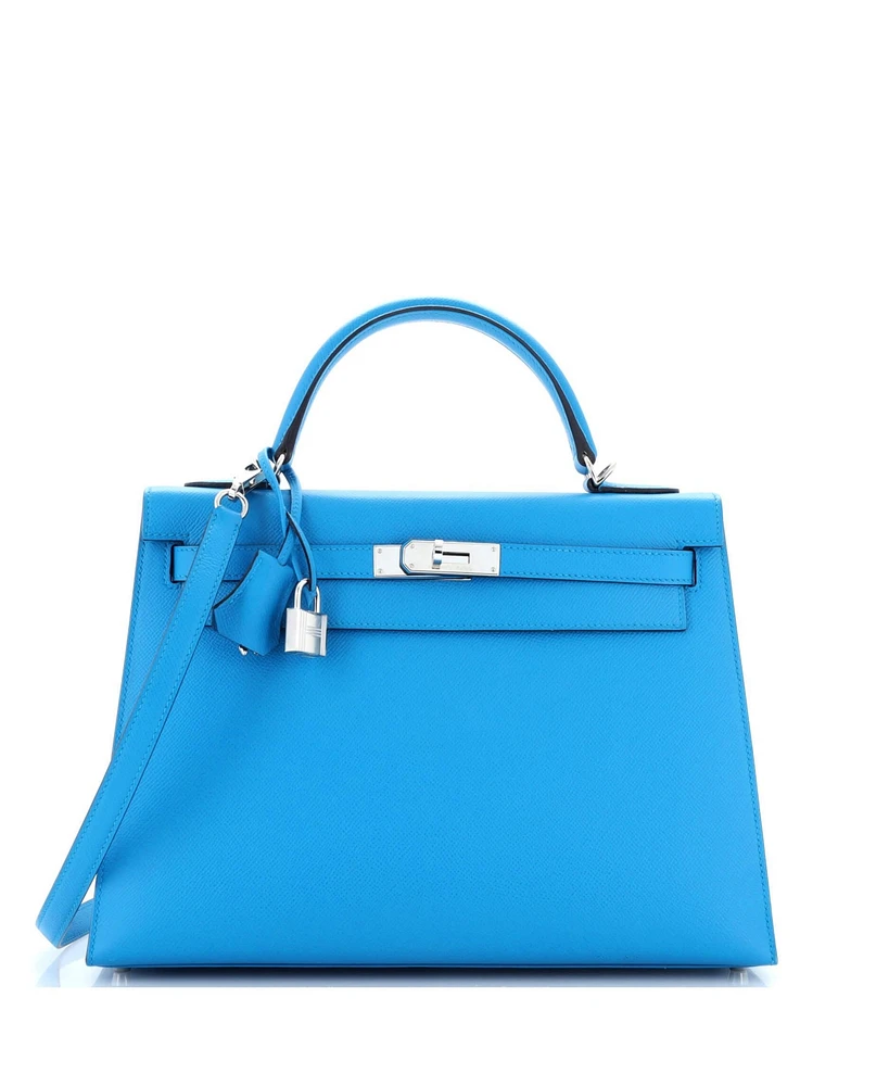 Pre-Owned HERMES Kelly 32 Handbag Blue Epsom with Palladium Hardware