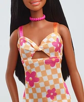 Barbie Fashionistas Doll 233 in Checkered Flower Midi Dress, Black Hair