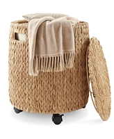 Casafield Rolling Storage Basket - Natural, Handwoven Hyacinth Rolling Hamper with Lid, Storage Bin on Wheels for Living Room, Bathroom, Laundry