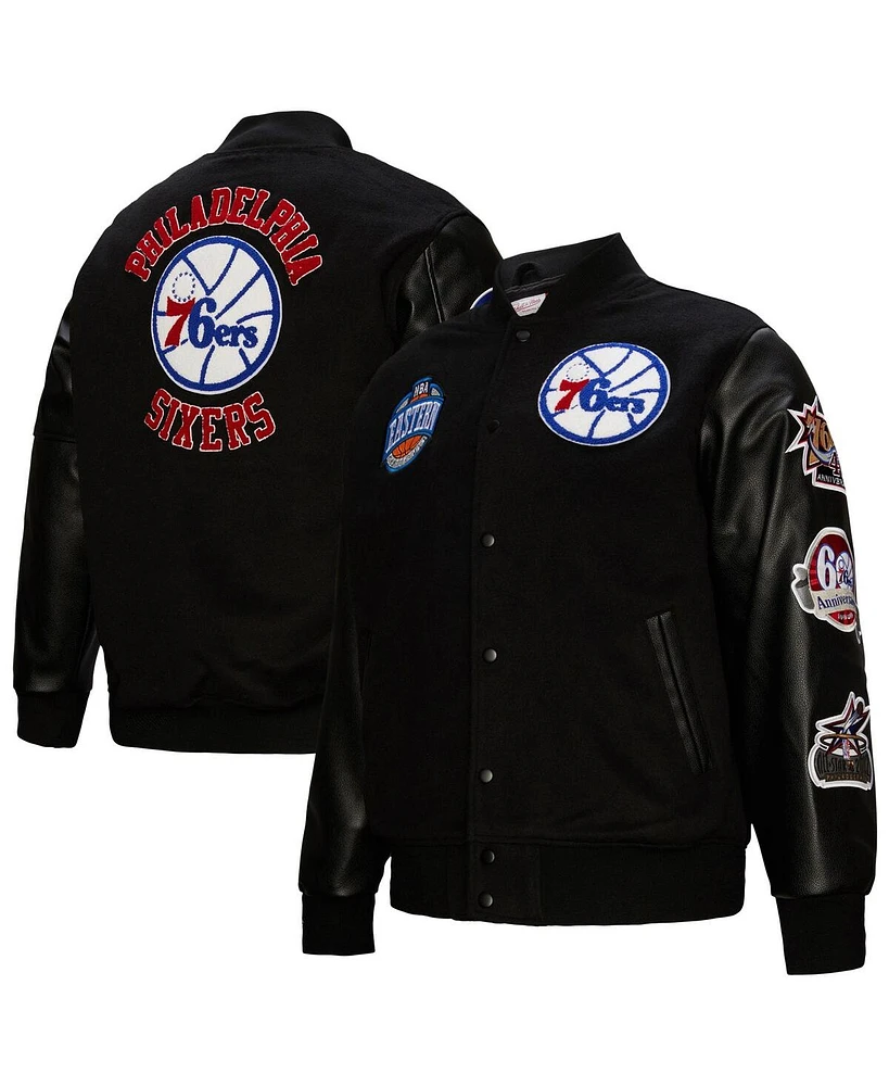 Mitchell & Ness Men's Black Philadelphia 76ers Hardwood Classics Blackout Collection Full-Snap Varsity Jacket