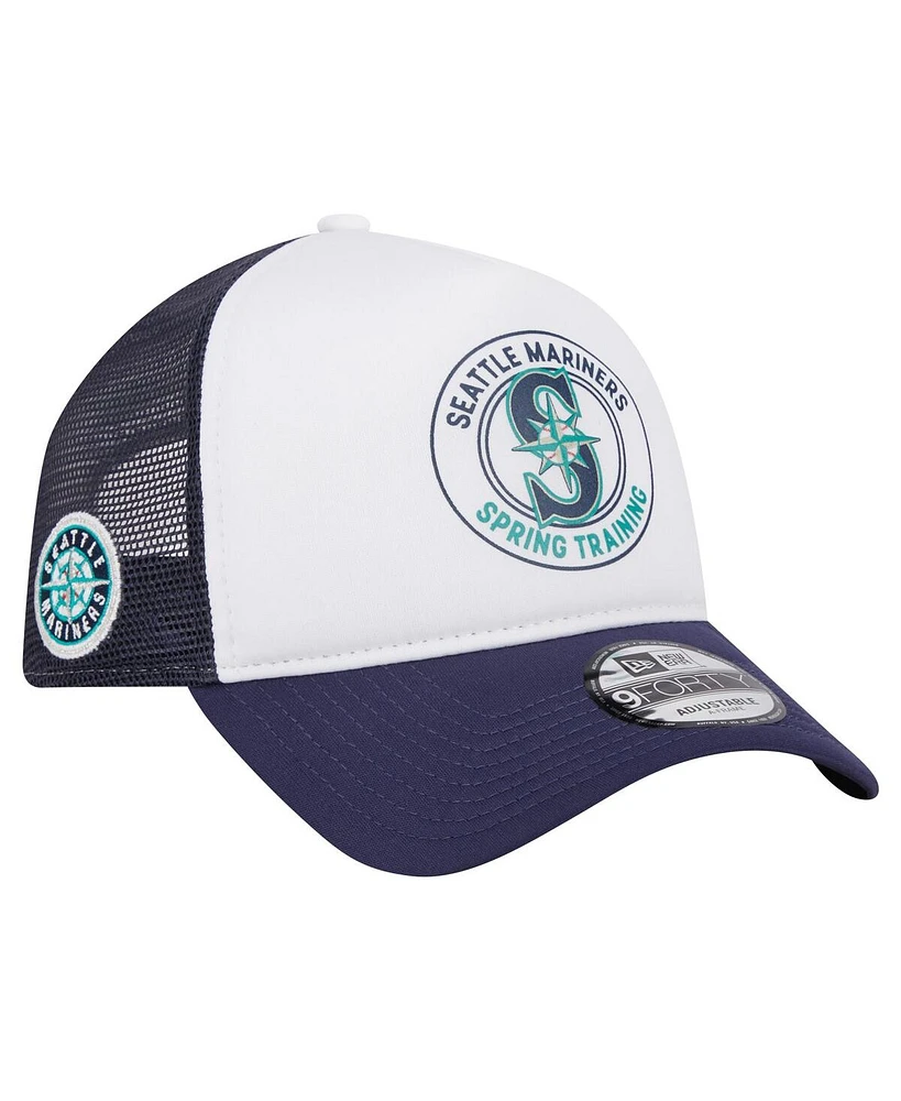 New Era Men's White/Navy Seattle Mariners Spring Training Circle Foam A-Frame 9FORTY Trucker Adjustable Hat