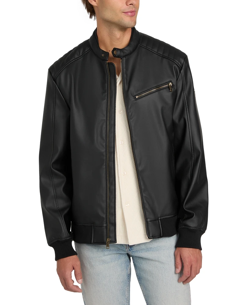 Guess Men's Stretch Faux Leather Snap Collar Moto Jacket