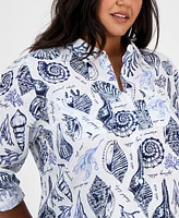 Charter Club Plus Toile Affar Button-Front Linen Shirt, Exclusively at Macy's