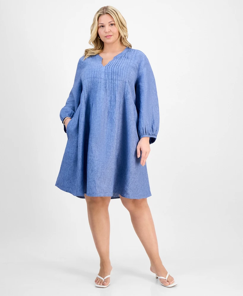 Charter Club Plus Linen Pleated Blouson-Sleeve Shift Dress, Exclusively at Macy's
