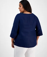 Charter Club Plus Ladder-Trim Linen Top, Exclusively at Macy's