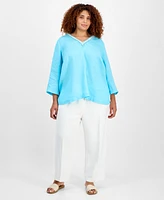 Charter Club Plus Linen Bead-Embellished 3/4-Sleeve Top, Exclusively at Macy's