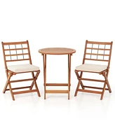 3 Pcs Acacia Wood Patio Bistro Set Folding Outdoor Table and Chairs with Cushions