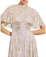 Women's Floral Print High Neck Cape Sleeve A Line Gown