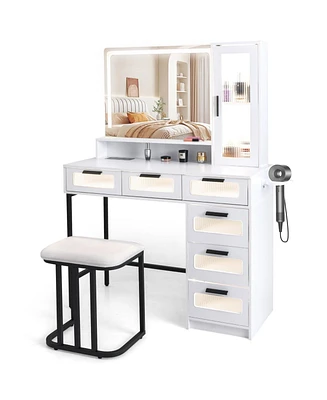 Makeup Vanity Dressing Table and Stool Set with Lights and Charging Station