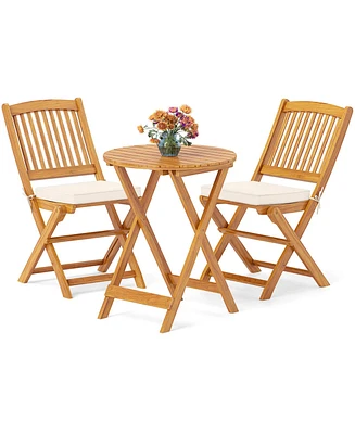 3 Pcs Acacia Wood Patio Bistro Set Folding Table & Chairs with Cushions