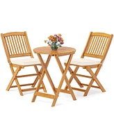 3 Pcs Acacia Wood Patio Bistro Set Folding Table & Chairs with Cushions