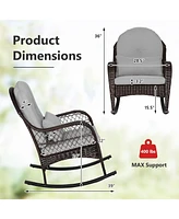 Patio Rattan Rocking Chair with Seat Back Cushions and Waist Pillow-Navy
