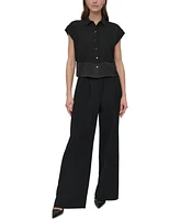 Dkny Petite Reverse-Satin-Trim Cap-Sleeve Blouse