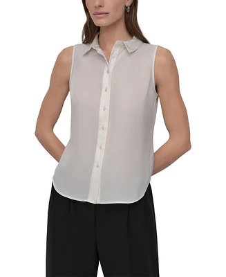 Dkny Petite Button-Front Sleeveless Satin Blouse