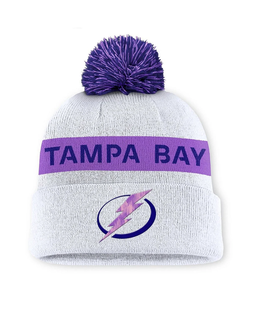 Fanatics Men's White Tampa Bay Lightning Hockey Fights Cancer Cuffed Knit Hat with Pom