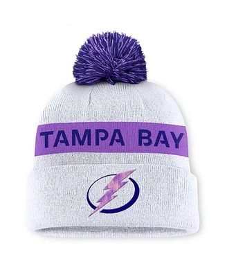 Fanatics Men's White Tampa Bay Lightning Hockey Fights Cancer Cuffed with Pom Knit Hat