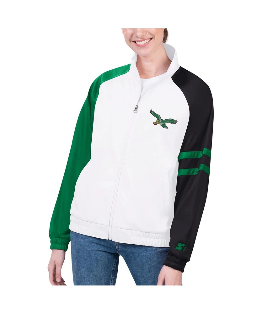 Starter Women's White Philadelphia Eagles Curve Ball Raglan Full-Zip Track Jacket