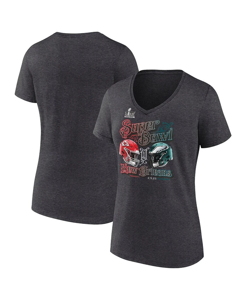 Fanatics Women's Heather Charcoal Kansas City Chiefs vs. Philadelphia Eagles Super Bowl Lix Matchup Final Battle V-Neck T-Shirt