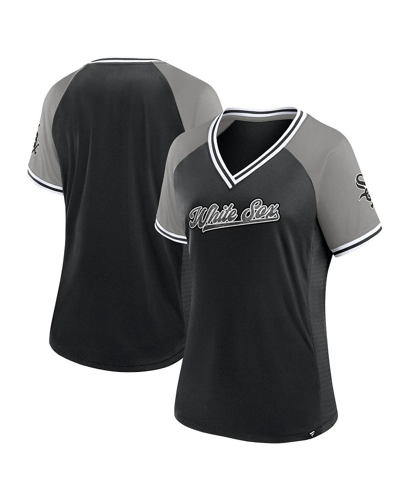 Fanatics Women's Black Chicago White Sox Glitz Glam League Diva Raglan V-Neck T-Shirt