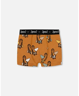 Boy Printed Cotton Boxer Shorts Sloths On Tan Background - Toddler|Child