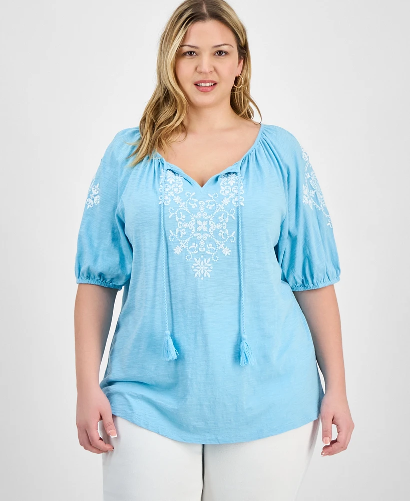 Style & Co Plus Embroidered Knit Peasant Top, Exclusively at Macy's