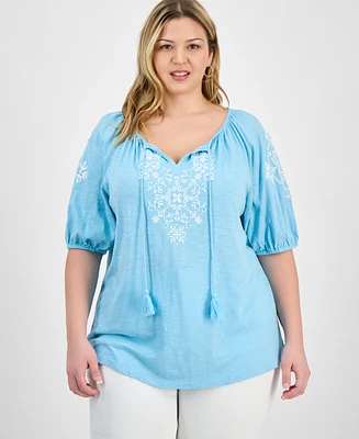 Style & Co Plus Embroidered Knit Peasant Top, Exclusively at Macy's