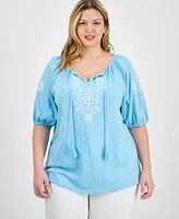 Style & Co Plus Embroidered Knit Peasant Top, Exclusively at Macy's