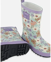 Deux par Girl Printed Rain Boots Small White Flowers On Turquoise And Lilac - Toddler|Child