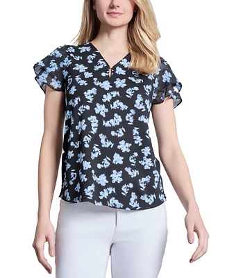 Jones New York Petite Printed Flutter-Sleeve Blouse