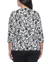 Rafaella Plus Floral Print Lace Up 3/4 Sleeve Top