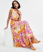 Msk Women's Printed Ruffle-Collar Tiered Maxi Dress