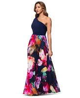 Xscape Women's One-Shoulder Mixed-Media Chiffon Gown