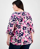 Jones New York Plus Floral-Print Linen-Blend Blouse