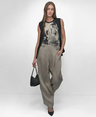 Dkny Womens Boucle Printed Tank Top Tie Front Cargo Pants Combo Zipper Vest