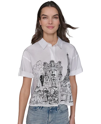 Karl Lagerfeld Paris Women's Cotton Crop Scene Button-Front Top