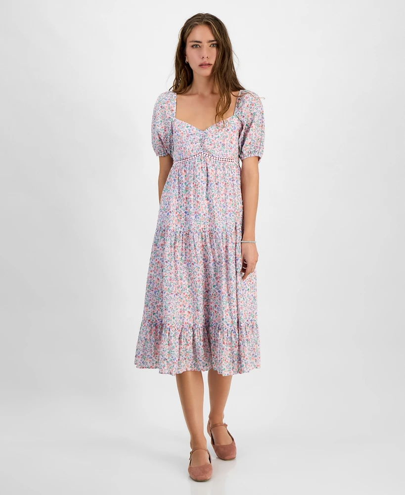 Kingston Grey Juniors' Floral Tiered Puff-Sleeve Midi Dress