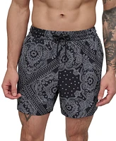 Dkny Men's Euro Black & White Bandana Print Performance 5" Volley Shorts