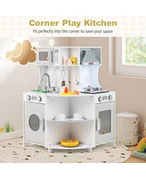 Kids Corner Wooden Play Kitchen with Range Hood and Stoves-Gray
